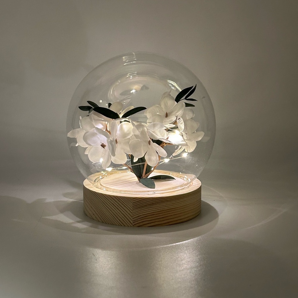 White Hydrange LED Glass Dome Home Decor